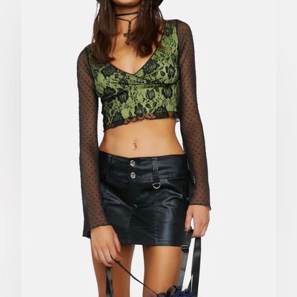 Dollskill Off The Path Green Lace Black Long Sleeve Crop Beetlejuice Halloween - Picture 1 of 3